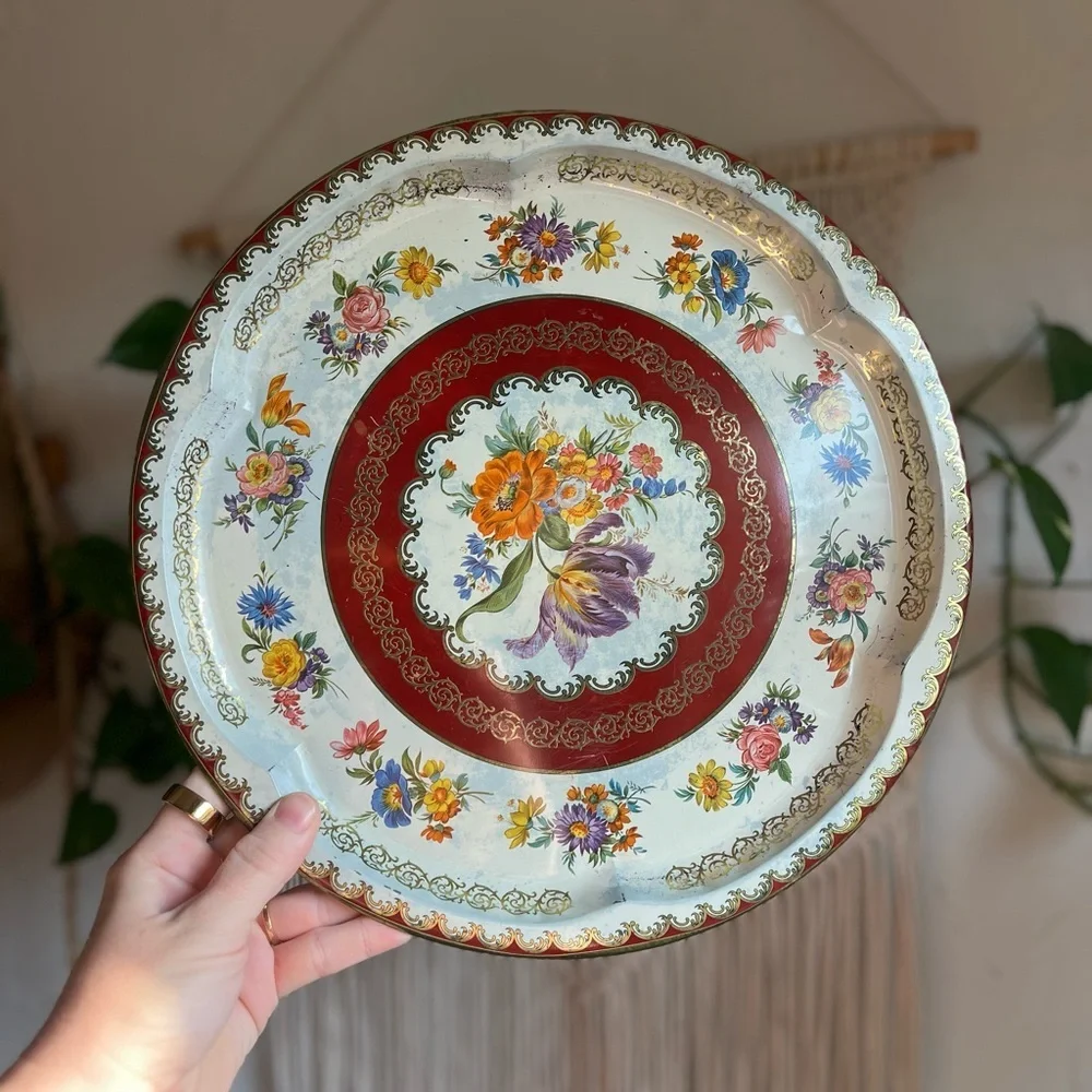Vintage Daher Floral Metal Tray Red Gold Cottagecore Serving Tray England 12.5”